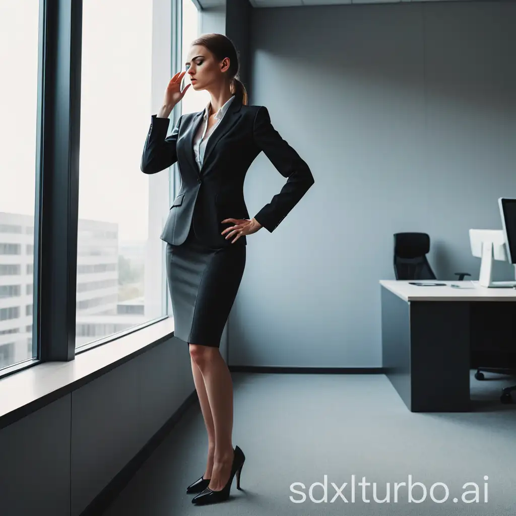 a slim woman on a heel in a strict business suit stands at a window in an office adjusting something in her eye