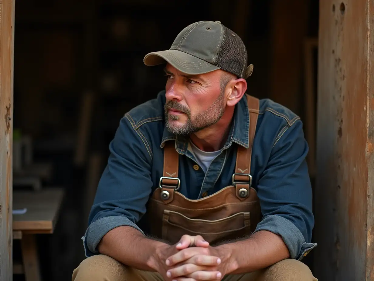 A thoughtful man, a carpenter, sits at the entrance to the carpentry workshop. He has a baseball cap on his head. His broad shoulders and muscular arms are partially hidden under a layer of fine wood dust. The sleeves of a navy indigo carpenter shirt are rolled up, revealing forearms marked by years of hard work. Each thread is carefully crafted, emphasizing the worn, rough texture of the fabric. His brown leather apron, mottled with marks and stains from countless hours of painstaking work, testifies to his profession.