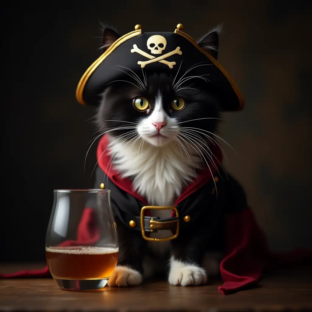 Photorealistic-Black-and-White-Cat-Dressed-as-a-Pirate-with-Rum