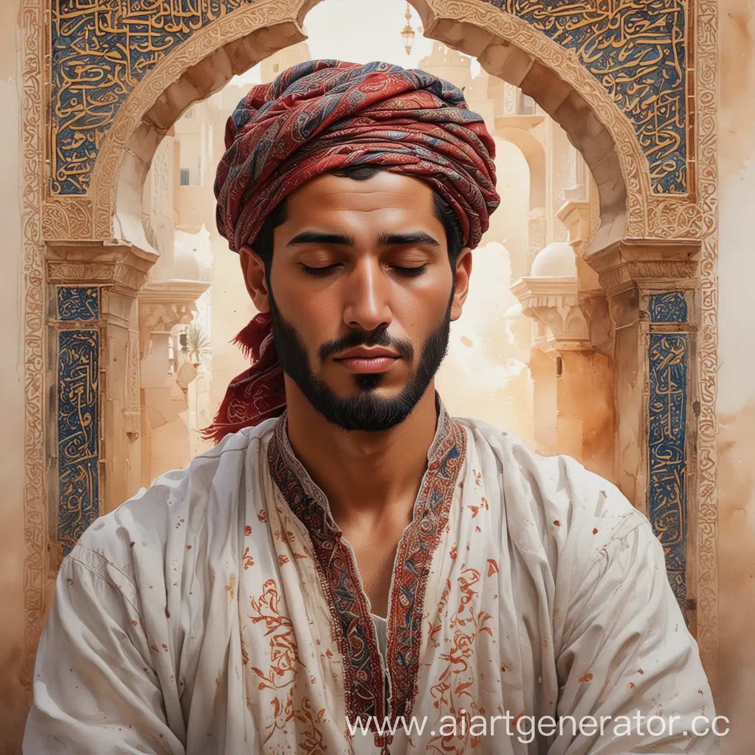 Serene-Tunisian-Man-in-Traditional-Attire-with-Arabic-Calligraphy-Background