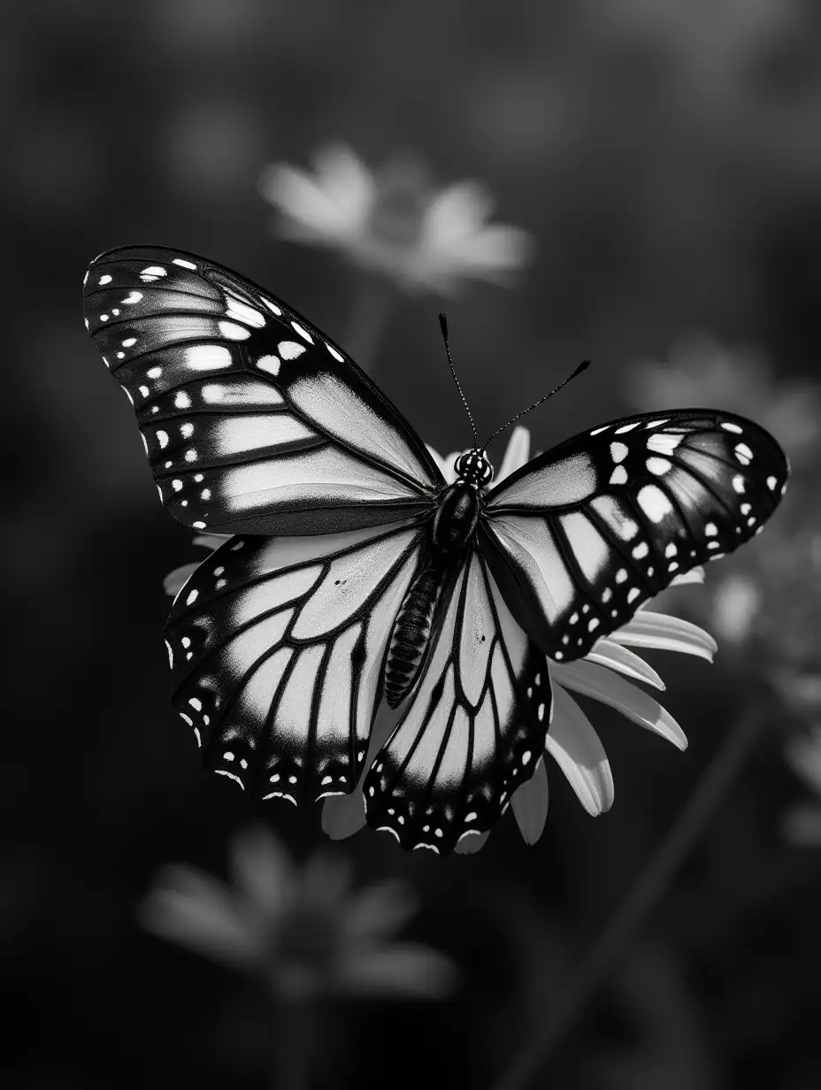 mesmerizing black an white image of a transcendence looking monarch butterfly