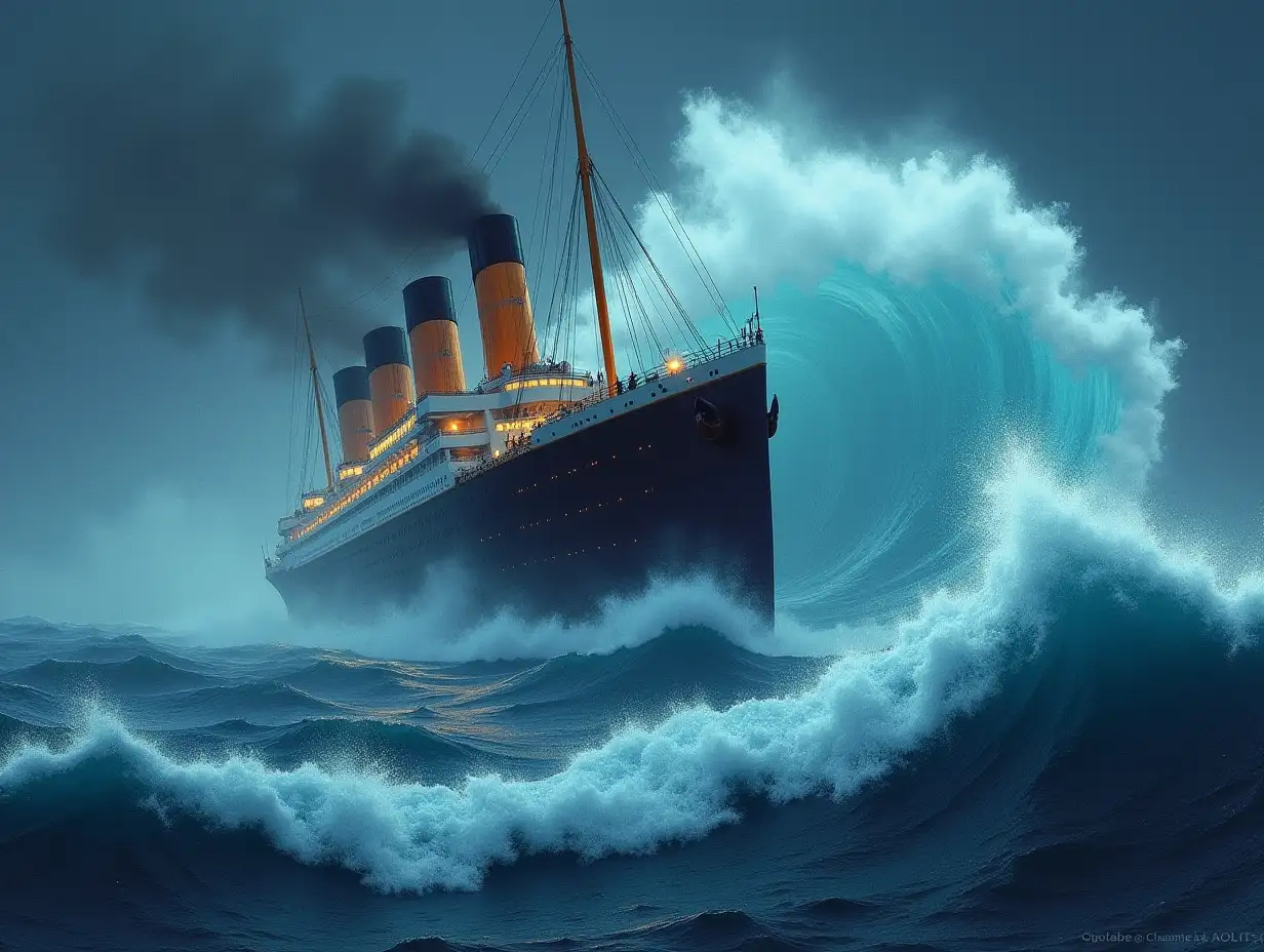 The Titanic is hit by a huge wave and threatens to go under