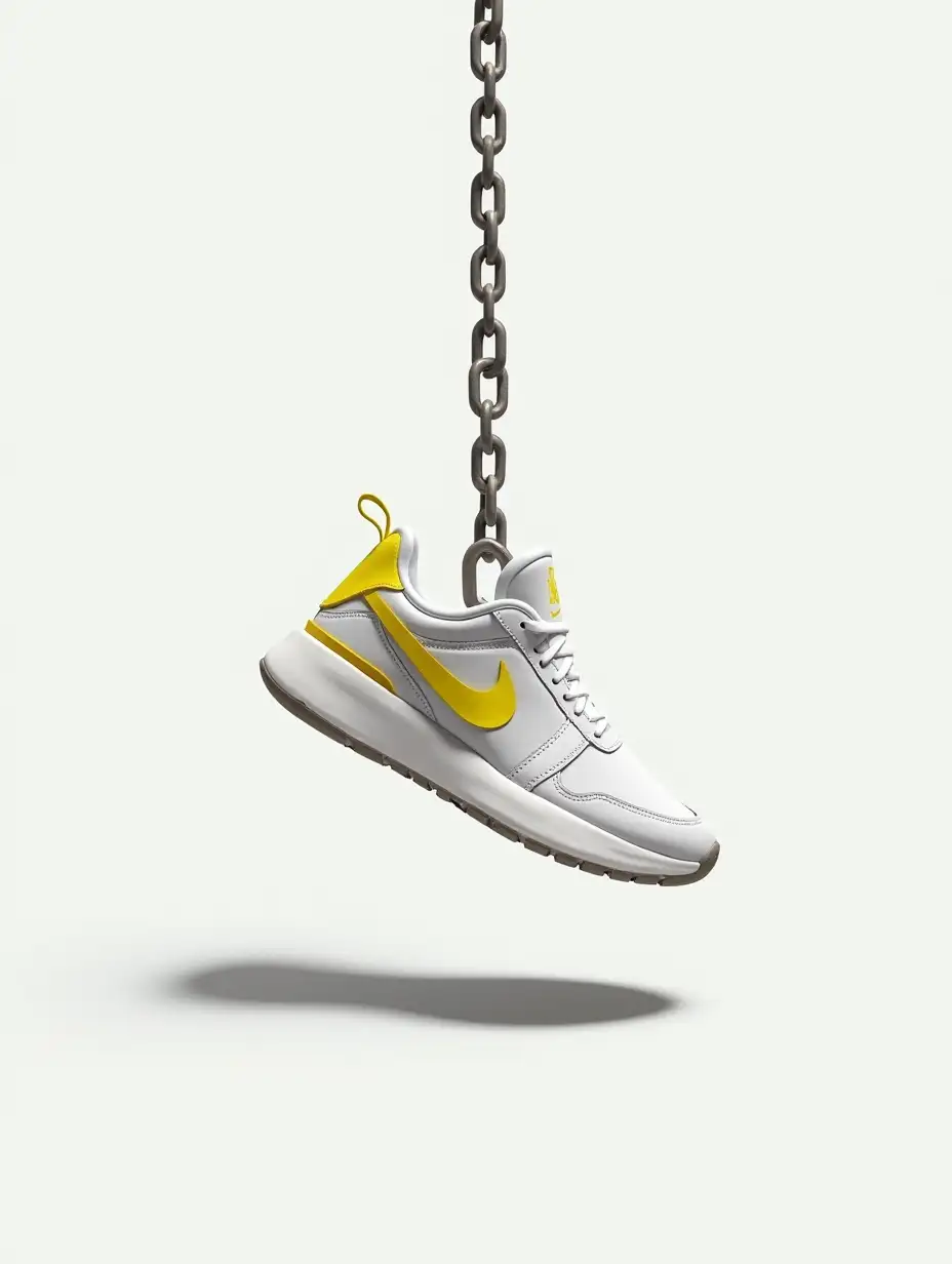 A striking and conceptual digital artwork masterfully depicts a hyper-realistic rendition of a White and Yellow Nike Air Jordan sneaker, delicately suspended from a single, heavy chain in the center of the frame. The sneaker, a symbol of athletic excellence, commands attention and highlights its status in the realm of sports and fashion. The pristine white background accentuates the sneaker's intricate details and bold shadows, creating a striking visual contrast. The high-quality rendering captivates the viewer with its captivating visual experience. This thought-provoking piece skillfully explores the interplay between luxury, athleticism, and the enduring power of an iconic brand.