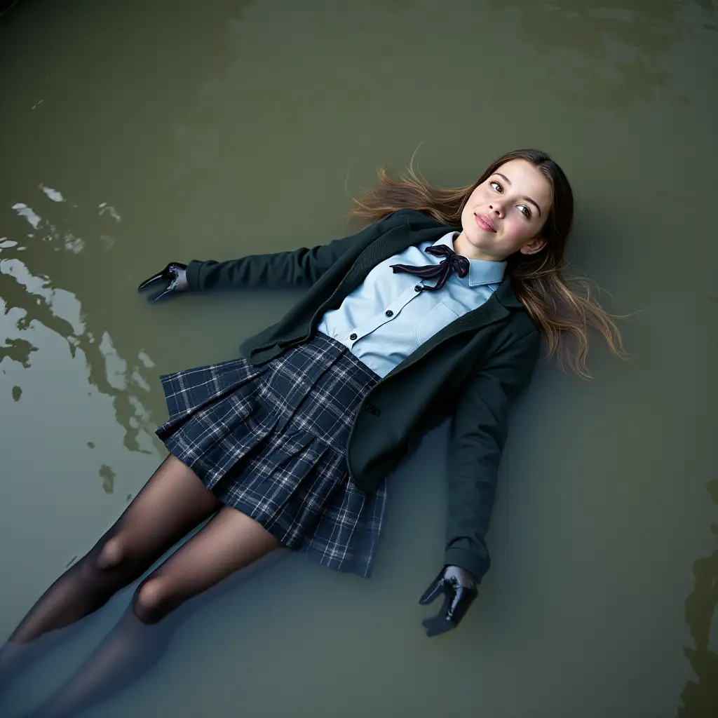 A schoolgirl in a school uniform, with a skirt, jacket, blouse, dark tights, high-heeled shoes. She is swimming in a dirty pond; all her clothes are completely wet, visible waterlogging of clothing, wet clothing sticks to the body, she lies on her back, immersed in water.