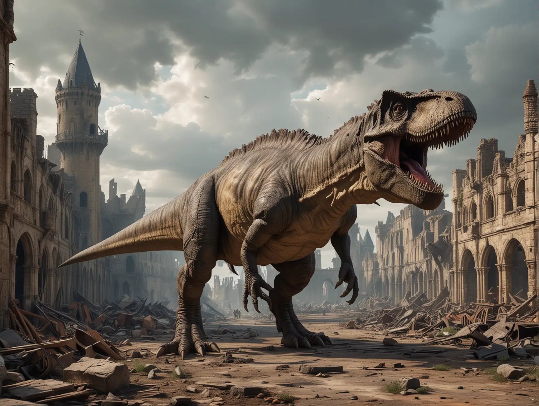 Tyrannosaurus-Rex-in-Ruined-Medieval-City