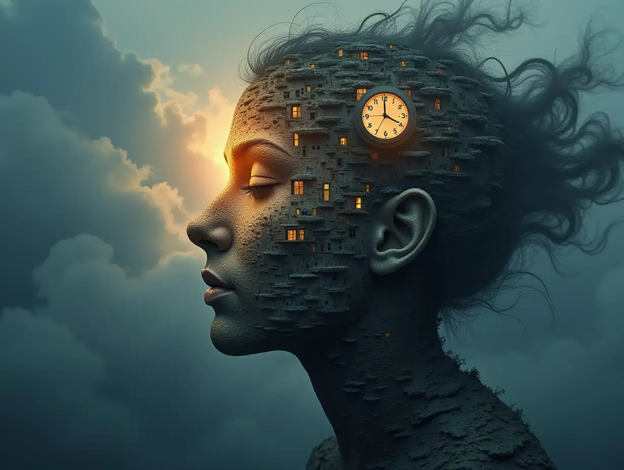 Face with hair turning into a building with lit up clock and roots on clouds