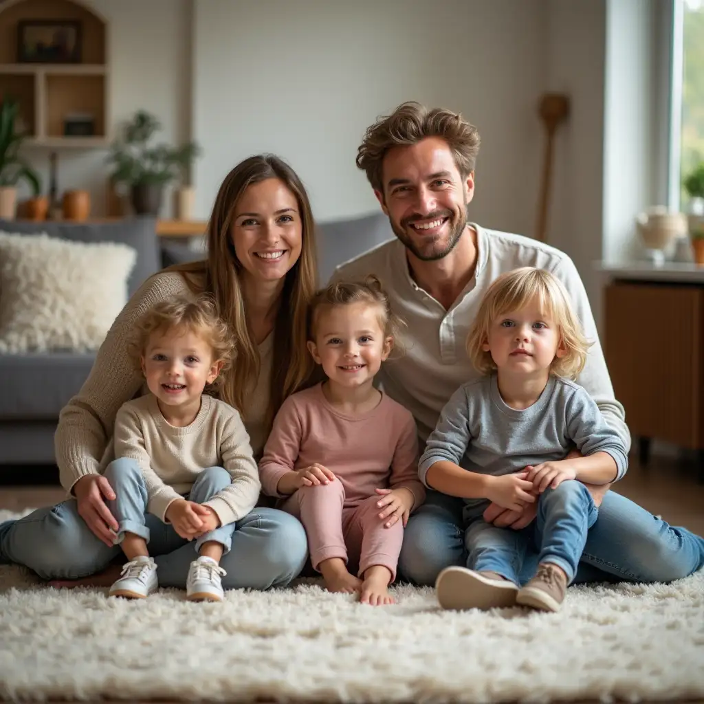 Very realistic photo, close-up, front view. A young family with children is sitting on a carpet in a cozy room