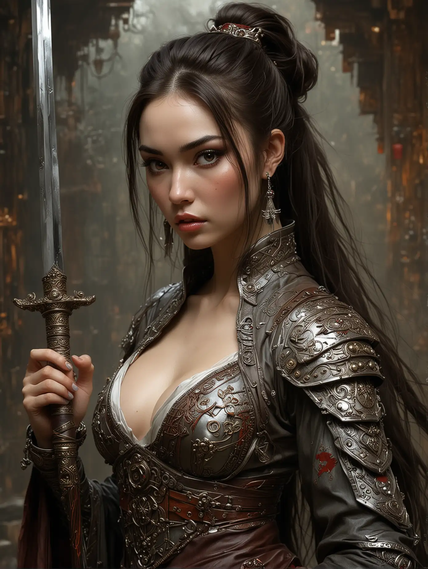 surealism style quality, digital drawing mode, chinese folklore-themed, beautiful sasha grey with awesome cleavage, long flowing ponytail hair with silver accents, deep brown eyes, wearing an ornate terakota's warrior suit with intricate patterns, holding a large sword, Blur the background to create a three-dimensional effect, by Boris Vallejo, Luis Royo, Van Gogh, Carne Griffiths, Wadim Kashin, Jose Royo, Harrison Fisher, Brian Froud and Jeremy Mann, high fantasy, by kerem beyit, Brom and Greg Rutkowski, high quality award winning masterpiece high quality cinematic visual effect