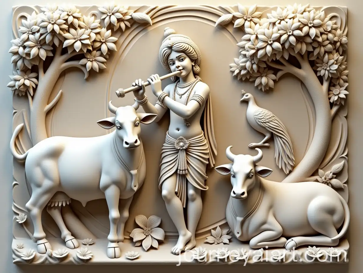Lord-Krishna-and-Radha-Playing-FlAI-Image-Prompt-Expansionute-in-Serene-BasRelief-Wall-Art-with-Cows-Peacock-and-Tree