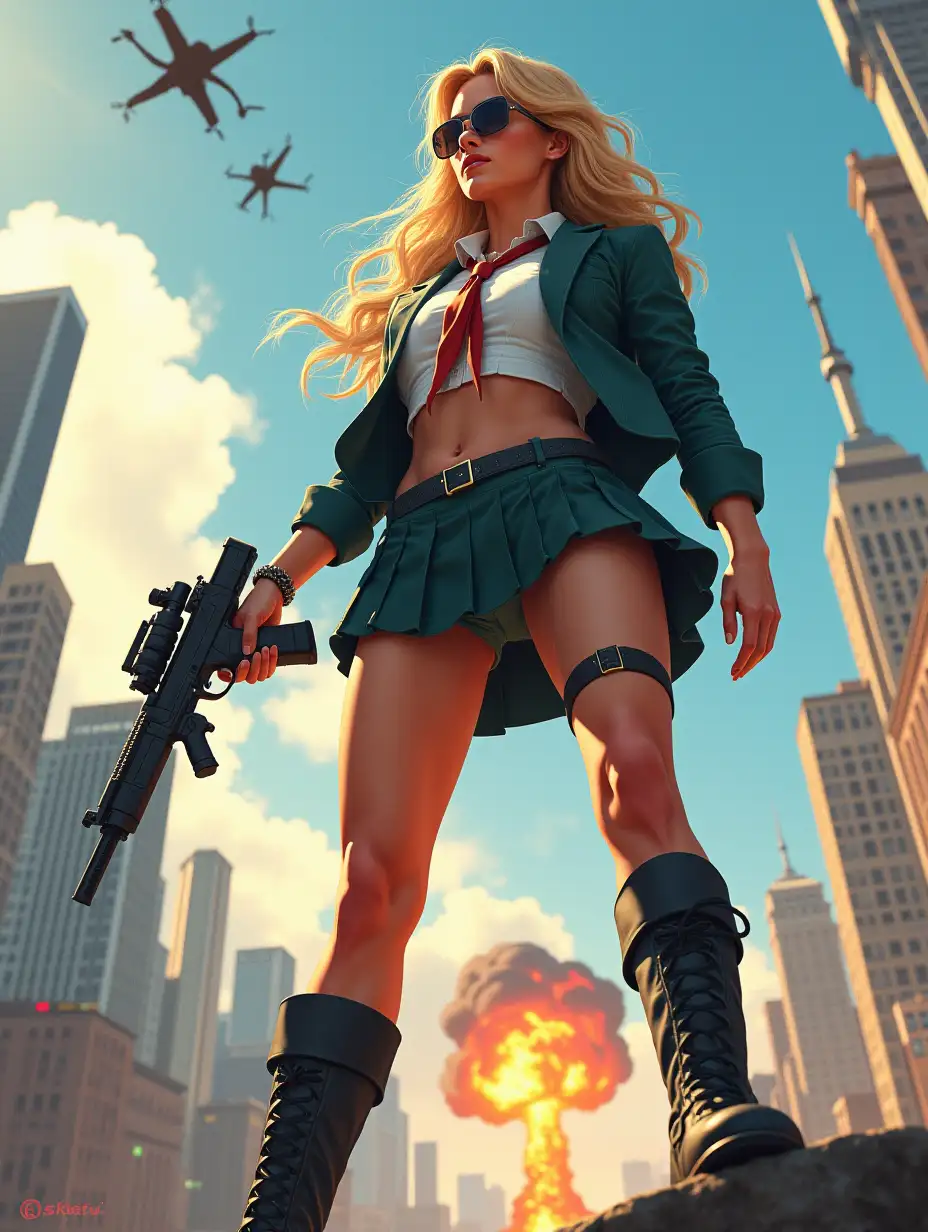 Wide-angle digital painting, (Beautiful woman in stylish school uniform, midriff showing, short skirt, combat boots, and sunglasses : 1.3), Triangular composition, Dynamic full-length pose, Confident expression, (Armed mercenary: 1.3), Gun grip, Supporting pose, City background, Skyscrapers in the distance, nuclear explosion in extreme distance, two small targeting drones above, (Bright sunlight: 1.2), Sharp contrasts, Bold colors, Clear details. female mercenary in cool cyberpunk style in colorful fantasy style, realism, post-apocalyptic landscape, cartel, bald rod, oil painting, rod Nostalgia, strong emotions, low angle, high detail, sharp focus