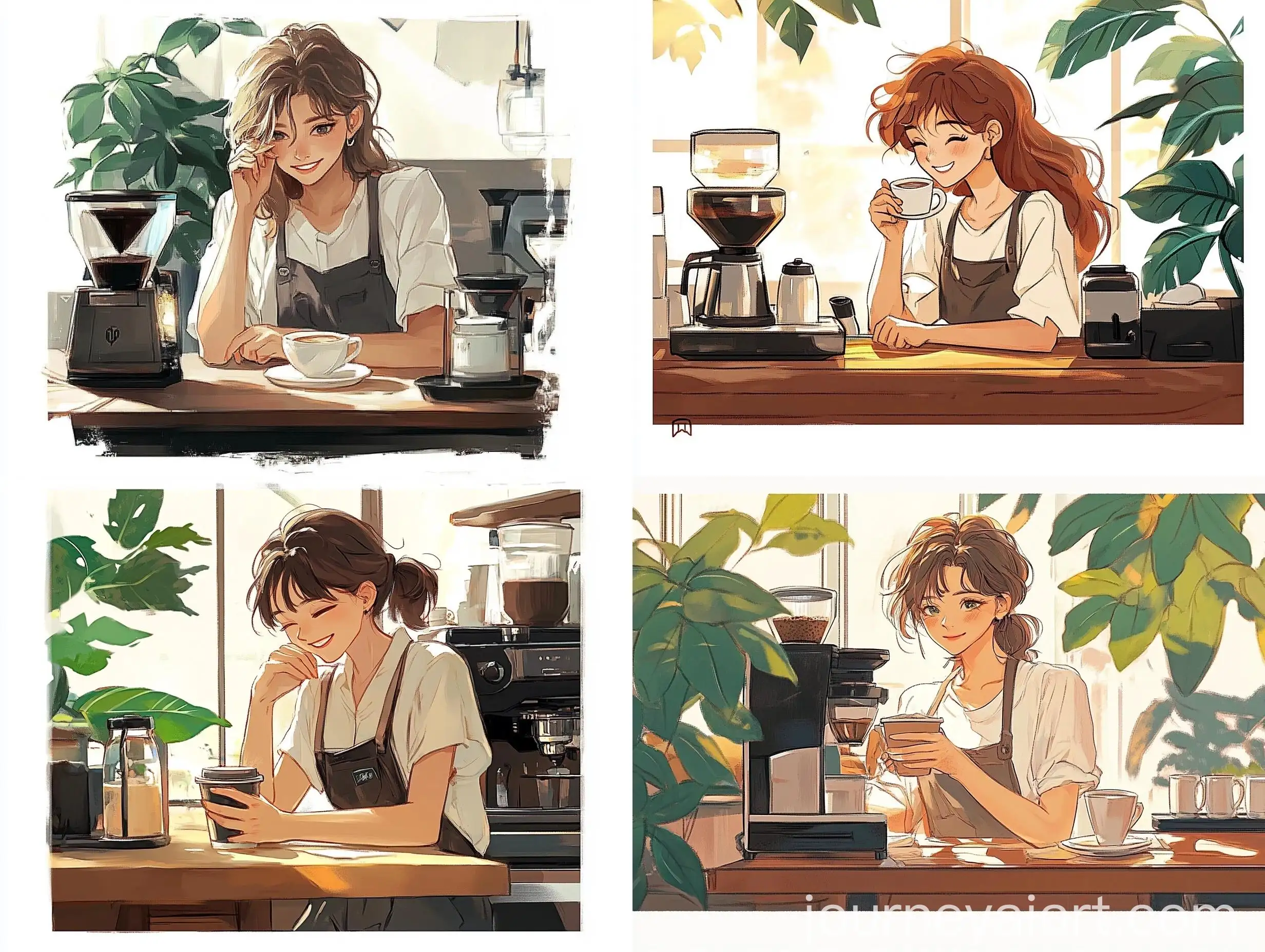 Girl-Enjoying-Summer-Afternoon-at-Cafe-with-Coffee-and-Leafy-Plants