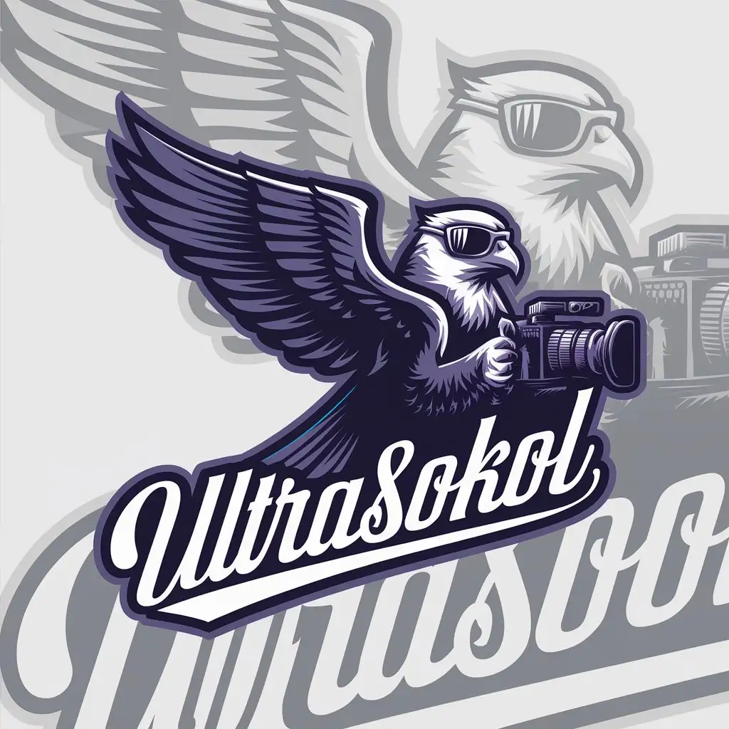 a vector logo design,with the text "ULTRASOKOL", main symbol:falcon with wings in sunglasses with video camera in ultraviolet color gradient calligraphy,Moderate,clear background