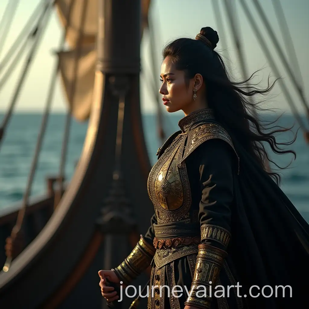 Indonesian-Female-Admiral-inAI-Image-Prompt-Expansion-Black-and-Gold-Acehnese-Warrior-Armor-on-Wooden-Warship