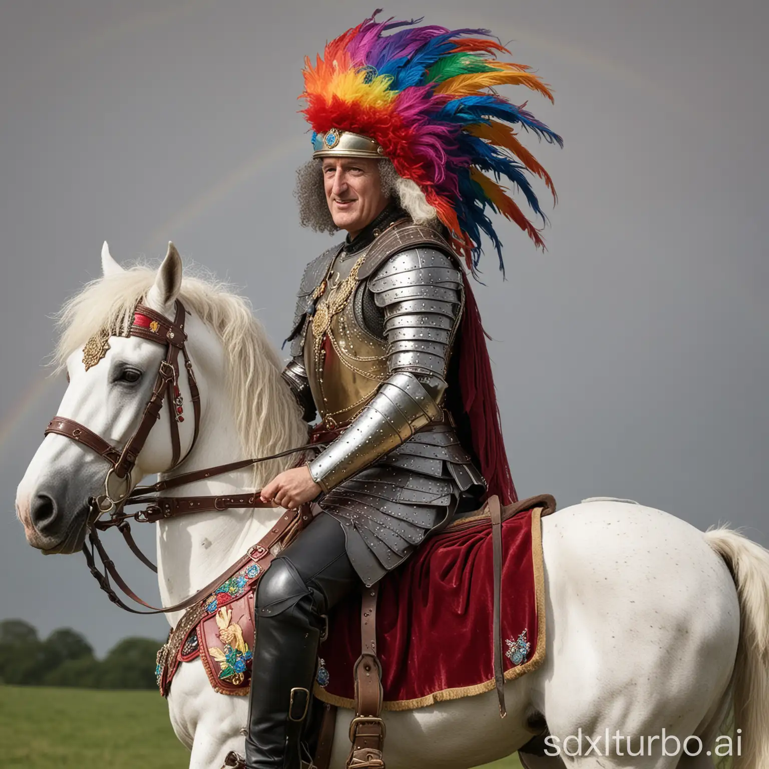 Legendary-Guitarist-Sir-Brian-May-in-Plate-Armor-on-a-RainbowManed-Horse