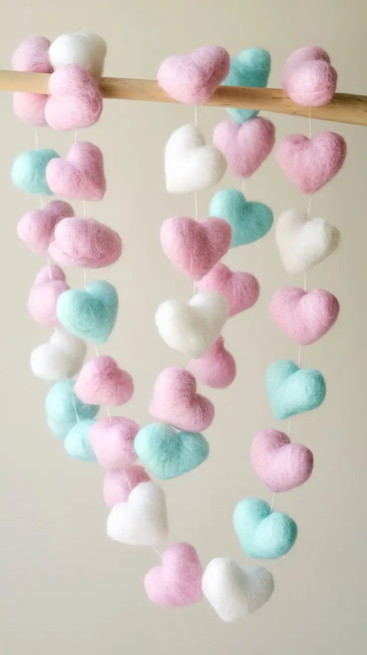 Close-up studio shot of a fluffy heart garland made of pastel pink, baby blue, and white cotton balls, hearts are strung on a thin white thread, soft focus, dreamy lighting, adorable, cute, whimsical, against a pale cream background, product photography, high resolution