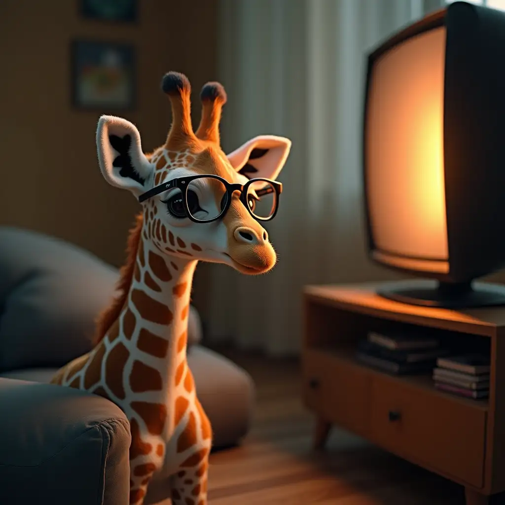 little giraffe with glasses dressed as a boy watching tv