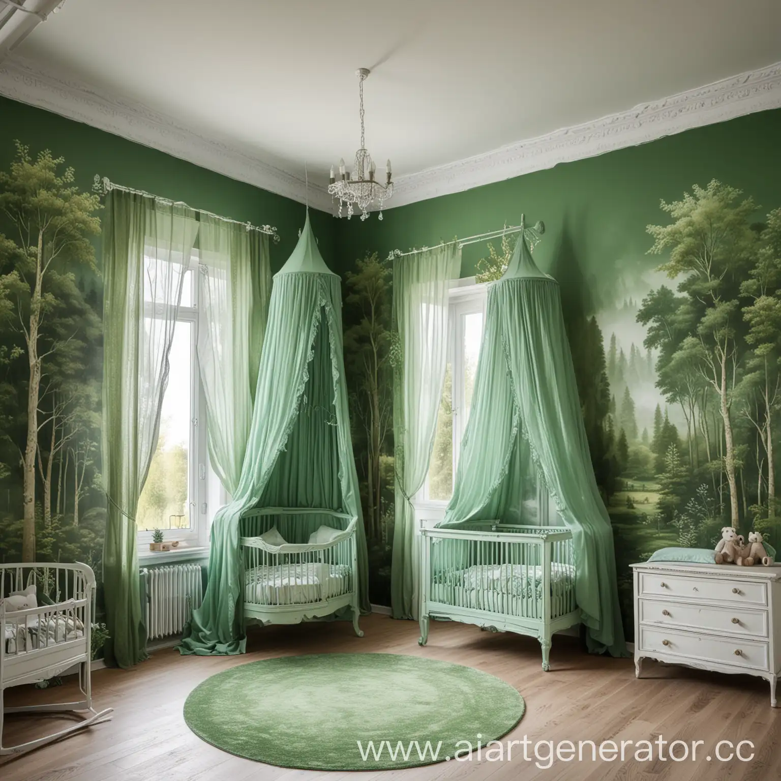 Childrens-Room-with-Emerald-Green-Cradle-and-Forest-Landscape-Wall-Art