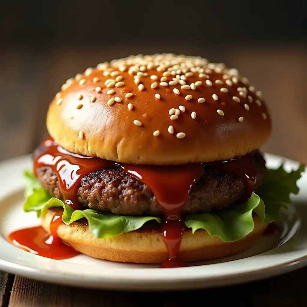 Burgur with barbecue sauce are on the plate, sprinkled with sesame seeds on top. Close-up, photorealistic picture