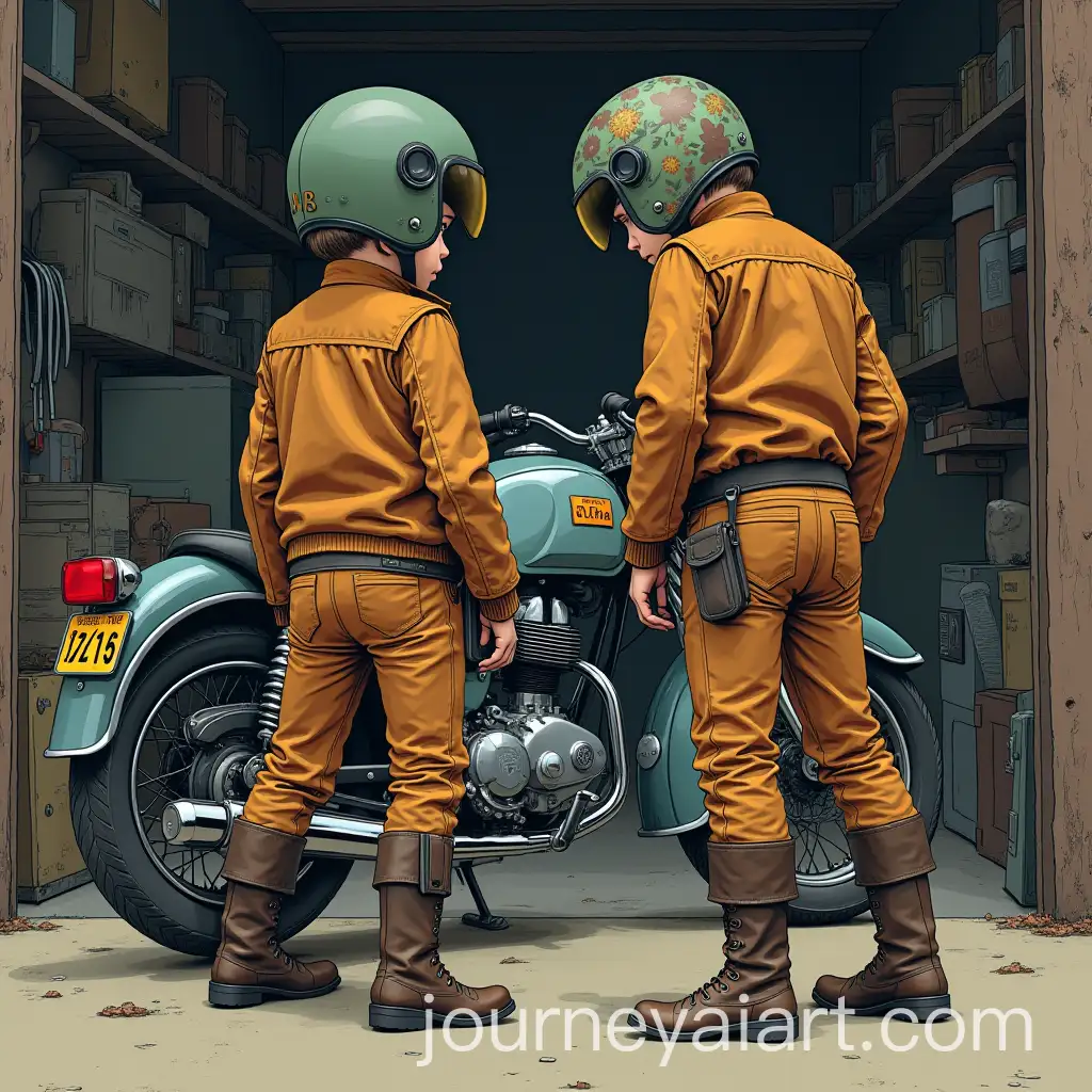 Two-Boys-in-Vintage-Motorcycle-Gear-Admiring-a-Classic-Motorcycle-in-Garage