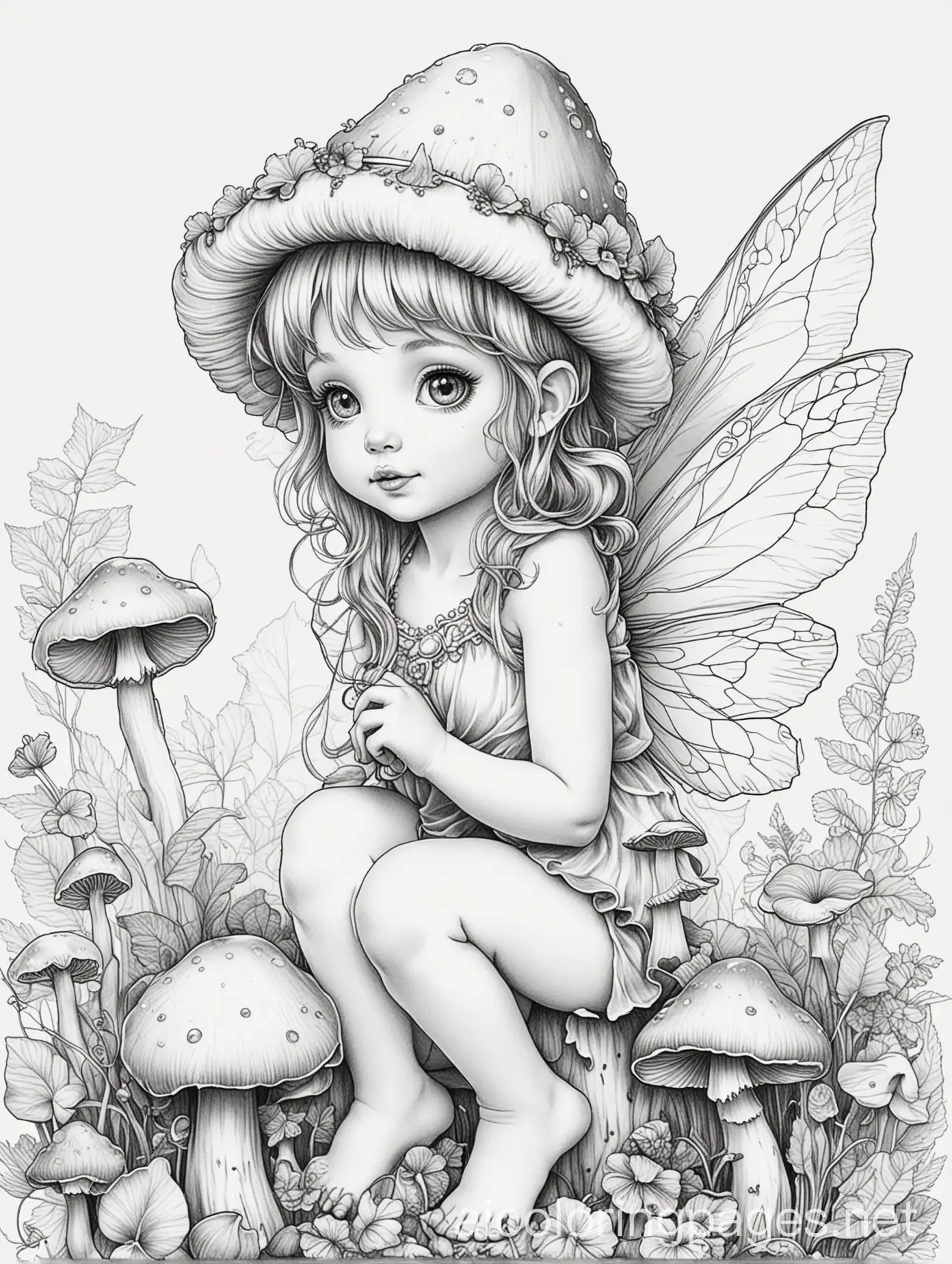 Charming-Baby-Fairy-Surrounded-by-Mushrooms-in-Simple-Line-Art