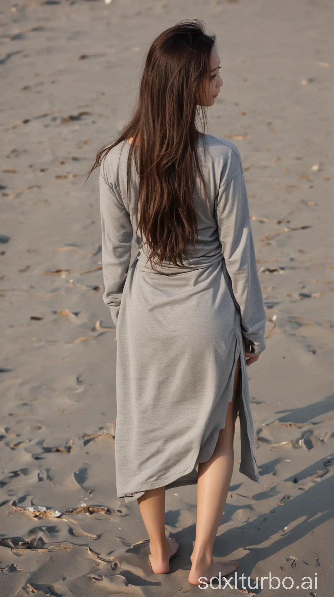 Chinese-Woman-in-Winter-Dusk-on-Beach-with-Gray-Outfit