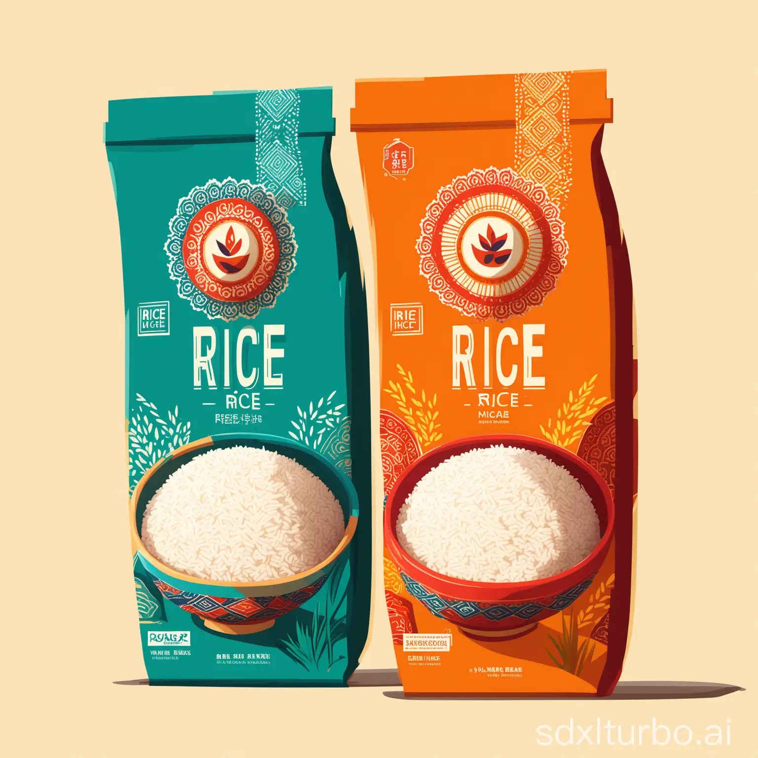 Rice packaging design illustration, flat style, ethnic, vibrant and unique colors