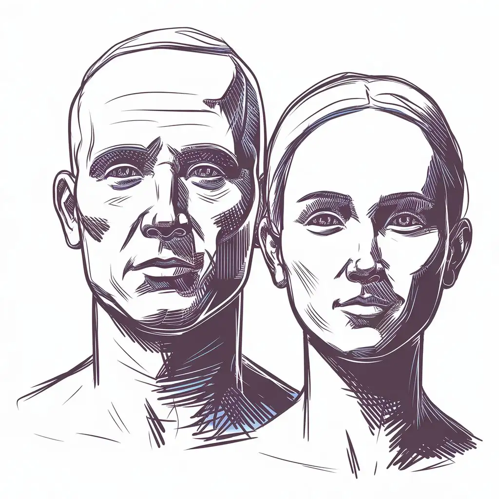 Two 3D Human Heads Sketch with Black Stroke Man and Woman or Junior on White Background