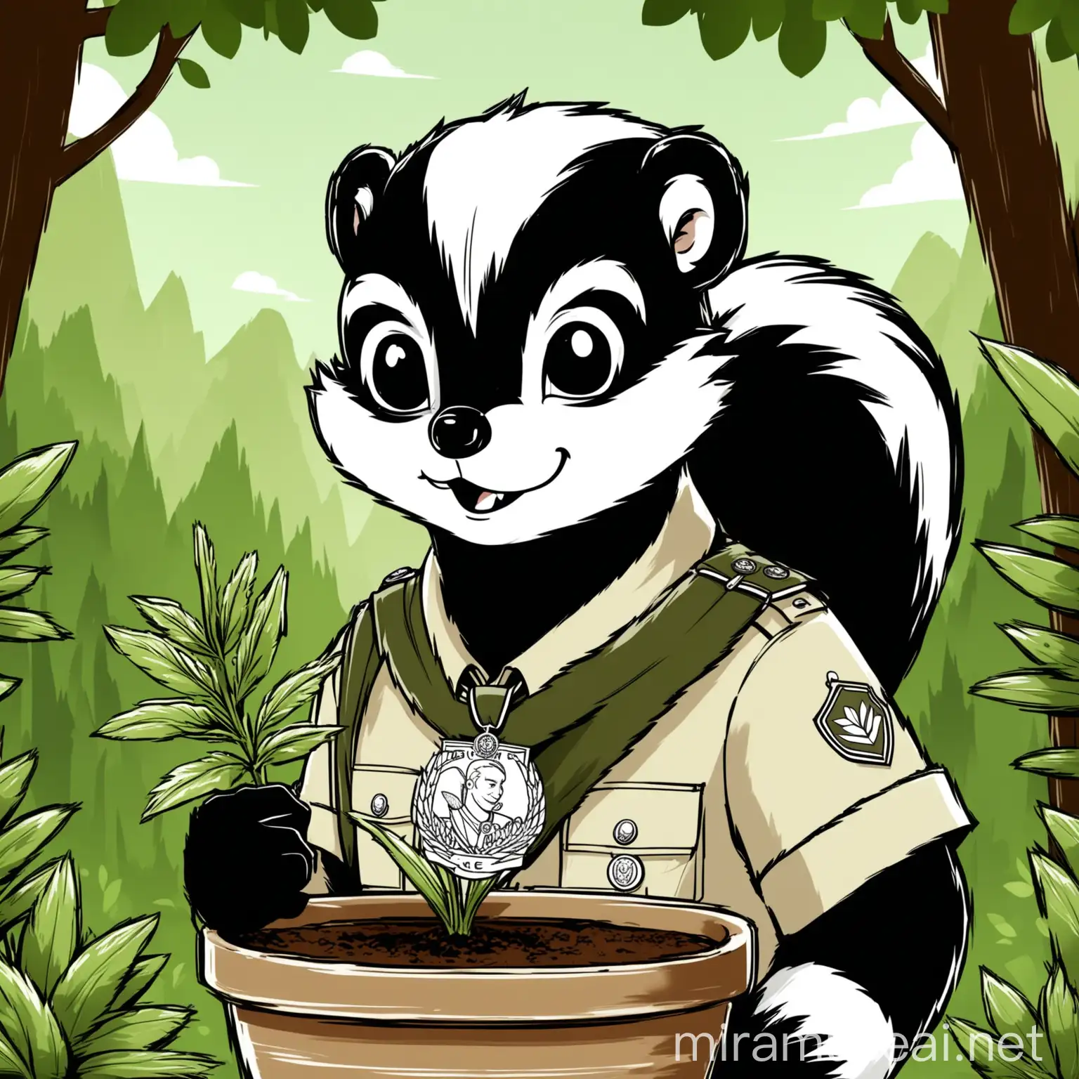 Cartoon Skunk Scout Holding Potted Plant Outdoors