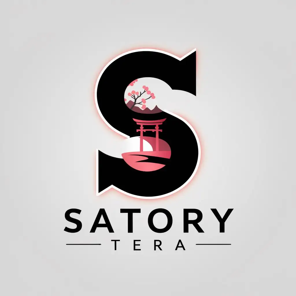 LOGO-Design-For-SATORY-TERA-Stylized-S-with-Japanese-Landscape-in-Pink-Red-and-Black