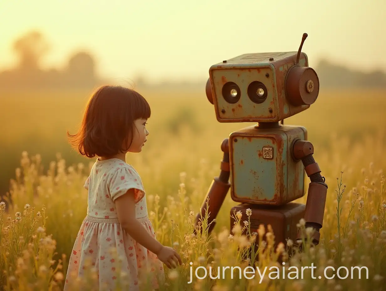 Japanese-Girl-and-Rusty-Old-Robot-in-Grassy-Field-During-Golden-Hour