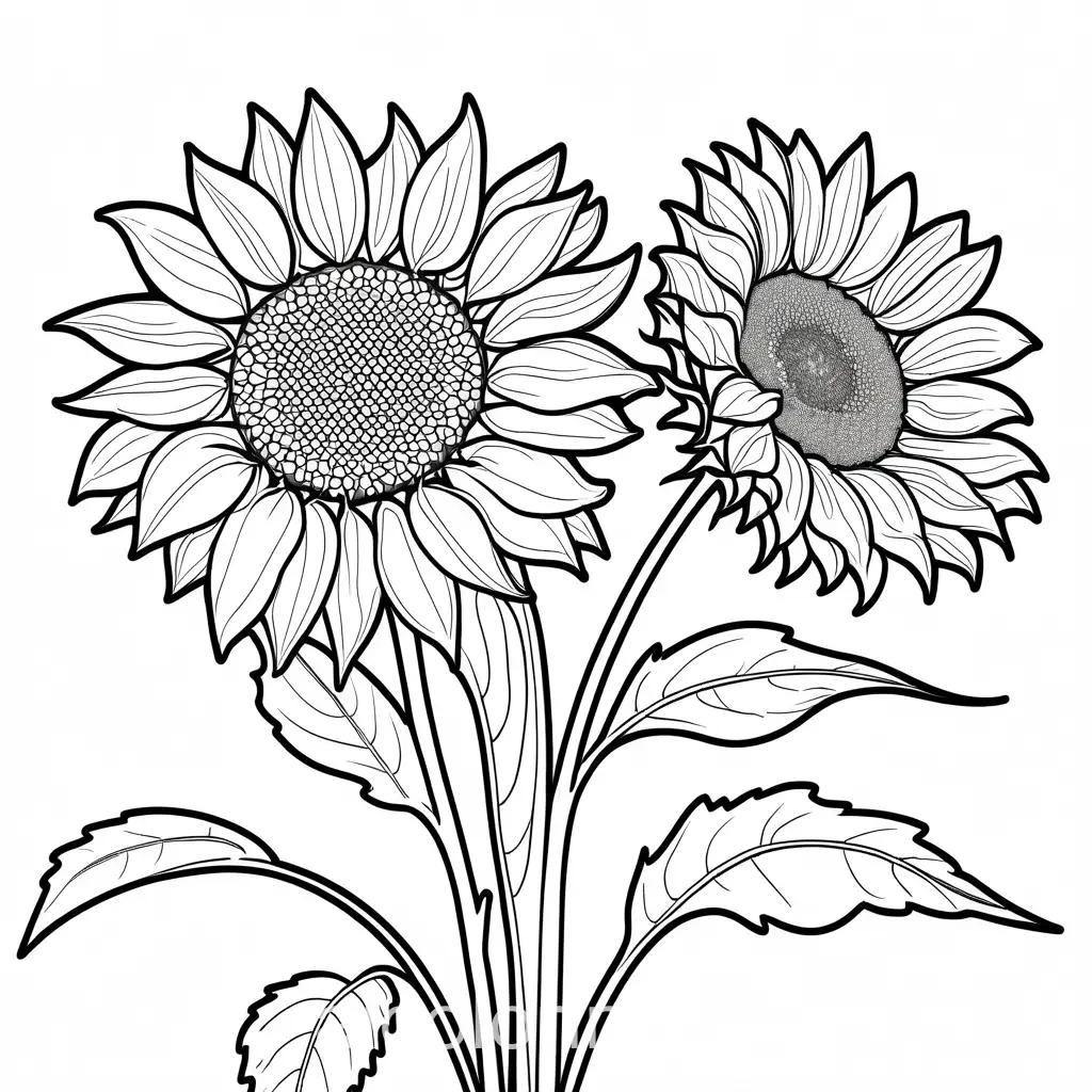 Black and white line art of sunflower, in the style of a comic., Coloring Page, black and white, line art, white background, Simplicity, Ample White Space. The background of the coloring page is plain white to make it easy for young children to color within the lines. The outlines of all the subjects are easy to distinguish, making it simple for kids to color without too much difficulty