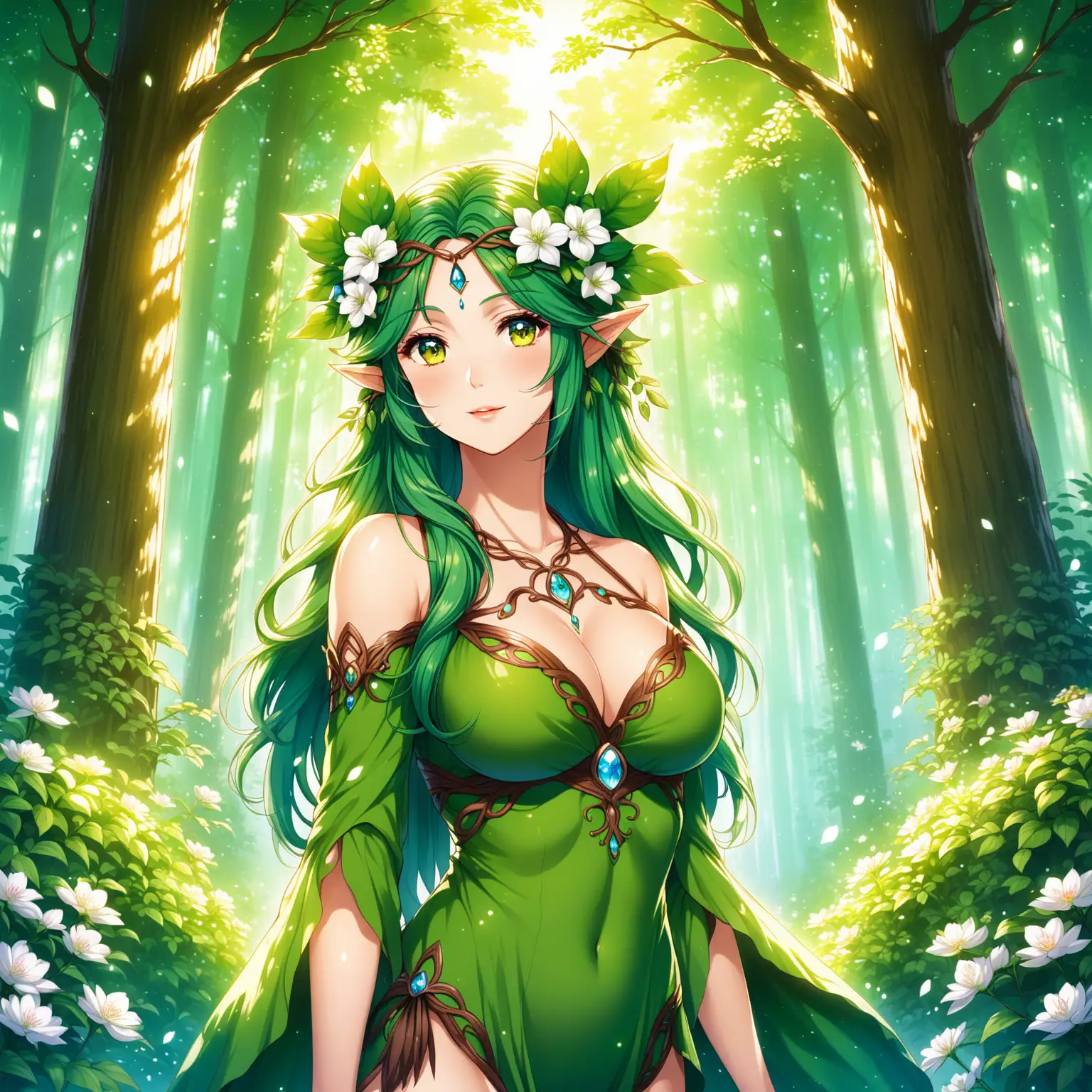 Beautiful Mature Anime Woman as a Dryad in a FlowerFilled Forest