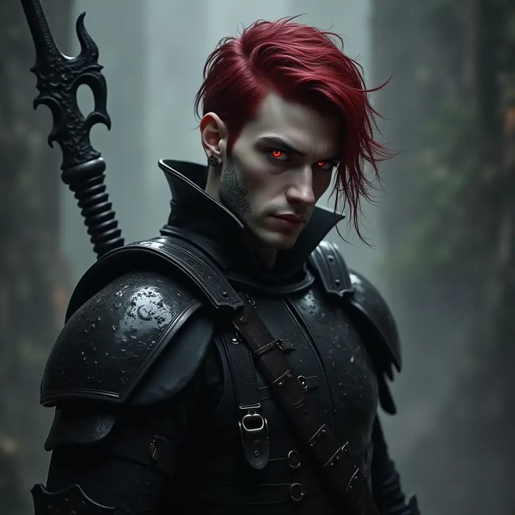 Handsome Male Vampire in Black Obsidian Armor with Tattoos and Piercings