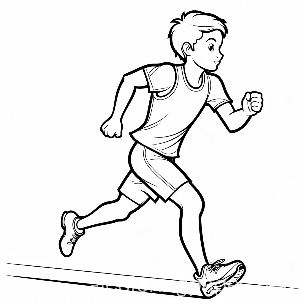 one person running a race coloring sheet, Coloring Page, black and white, line art, white background, Simplicity, Ample White Space. The background of the coloring page is plain white to make it easy for young children to color within the lines. The outlines of all the subjects are easy to distinguish, making it simple for kids to color without too much difficulty