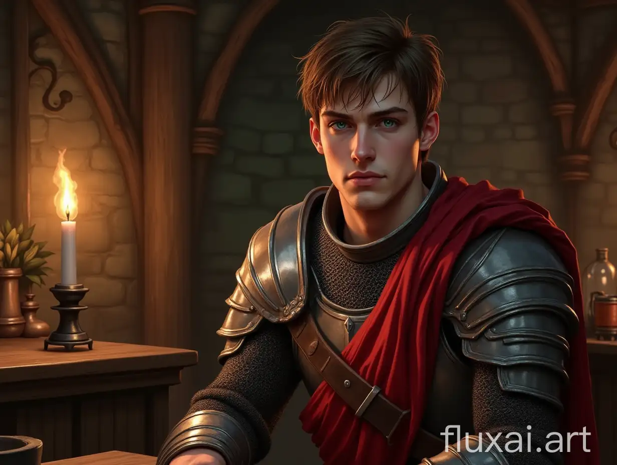 human male, staying in tavern, white skin, short brown hair, green eyes, chainmail armor, red tabard, dungeons and dragons art style