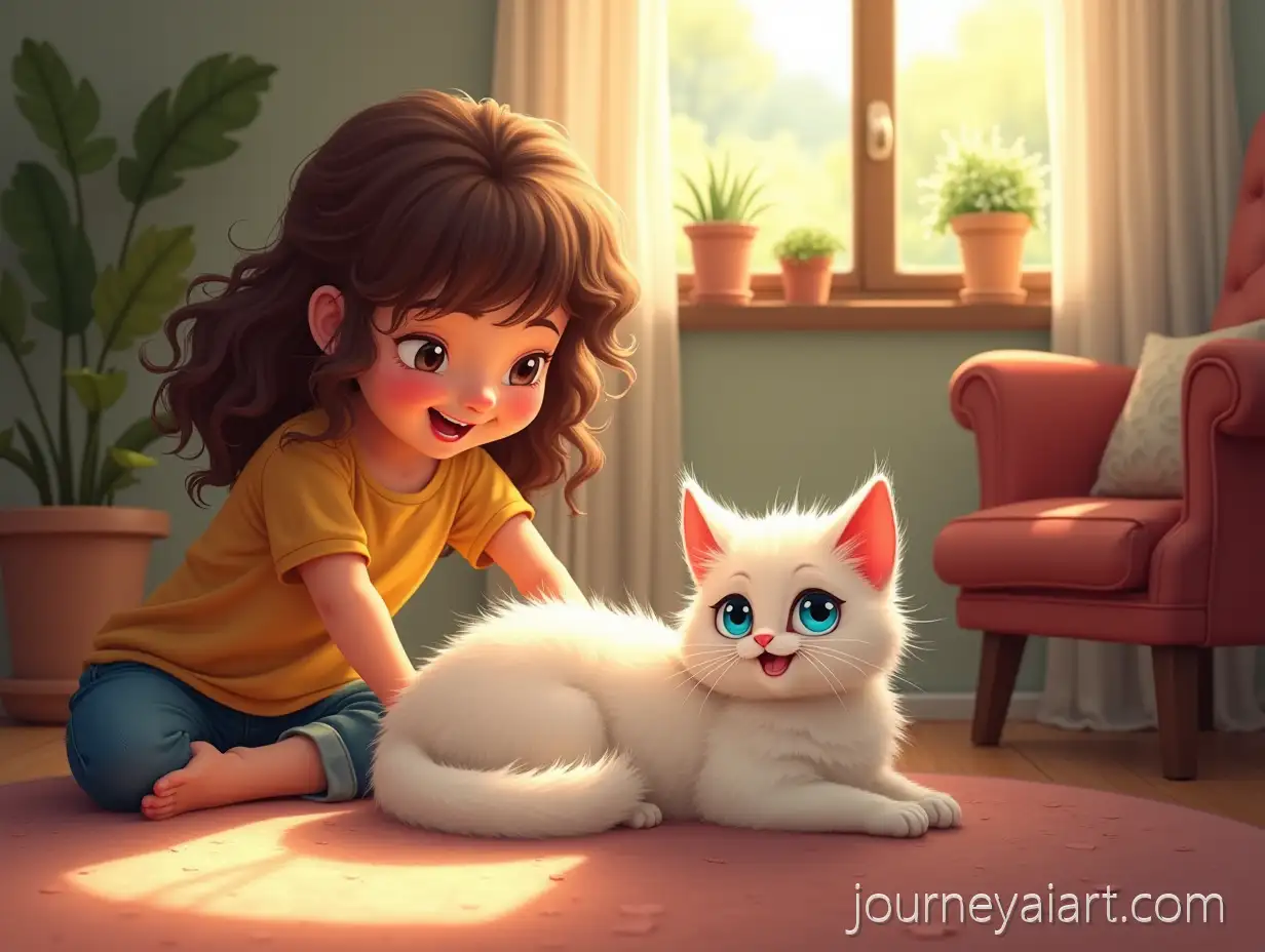 Cozy-Sunlit-Living-Room-with-a-Playful-Cat-and-Loving-Child
