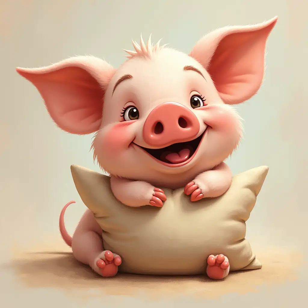 A smiling pig with a pillow named Nicholas