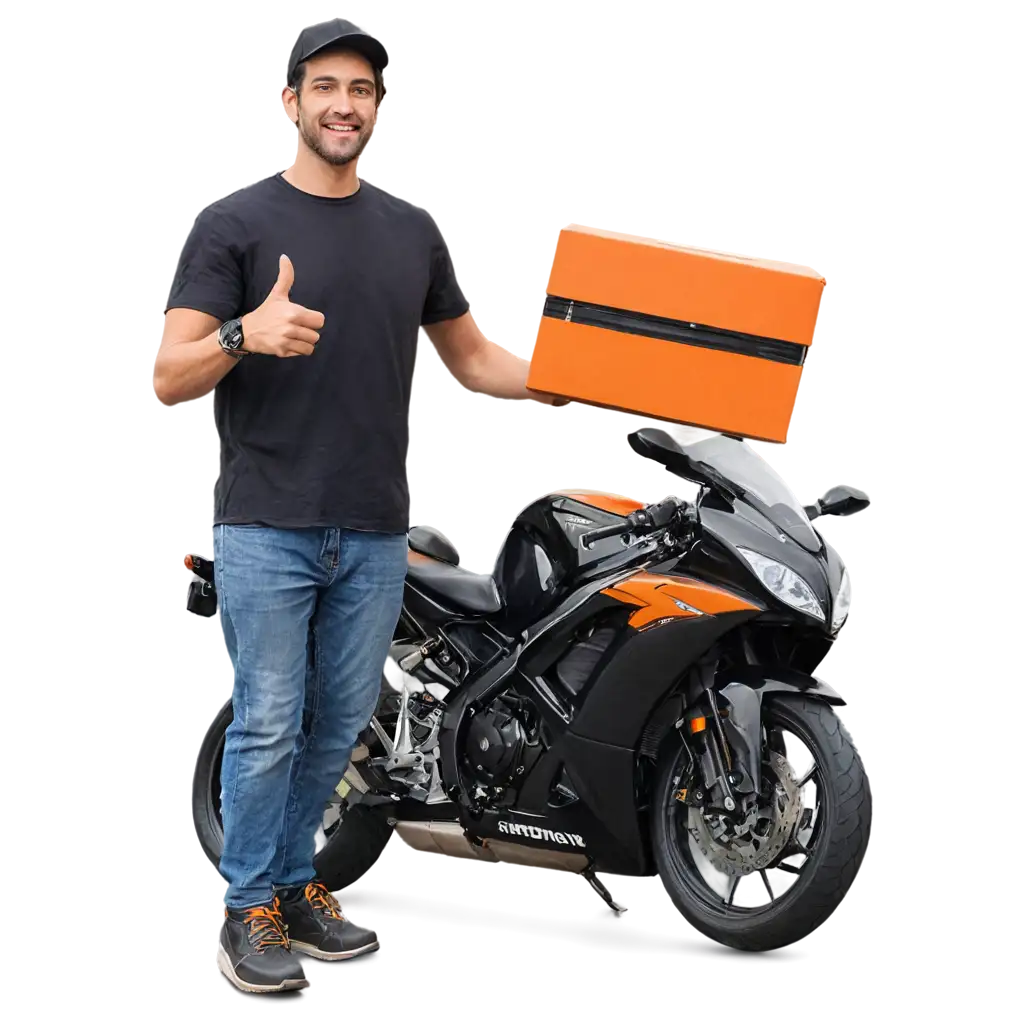 motorcycle delivery man standing next to his black medium-sized motorcycle with an orange box on the back, I want him smiling and giving a thumbs up