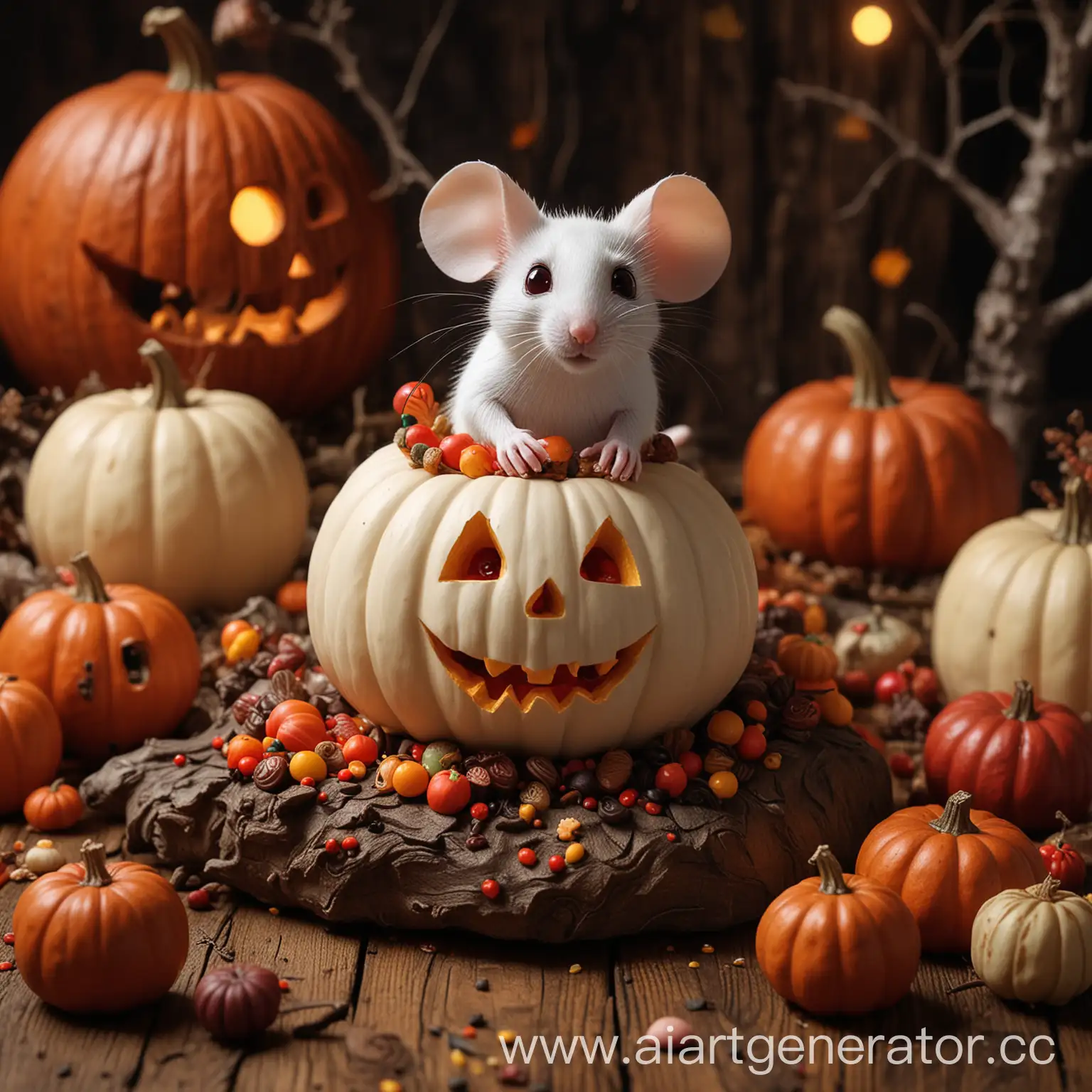 Halloween vibes. The white mouse in the foreground. Mouse sits on the pumpkin. It's night. The mouse with red eyes. Autumn wood background. Candies all around 