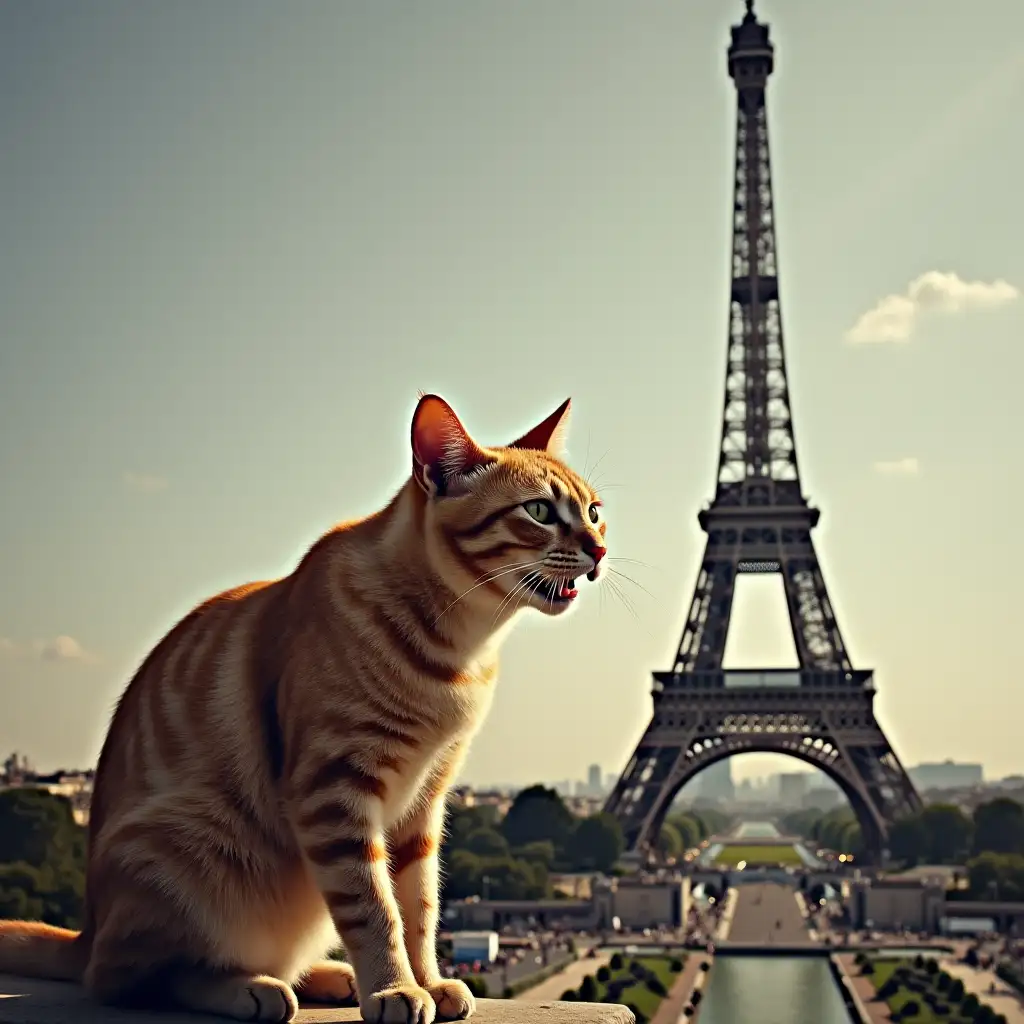 I want a picture of a large cat eating the Eiffel Tower