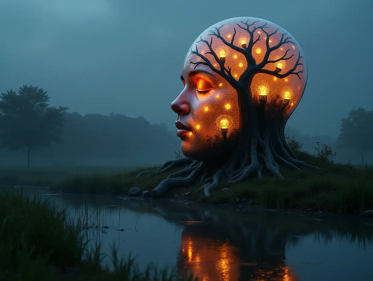 Face transforms into building with glass glowing spheres and roots Lit on a meadow with lake