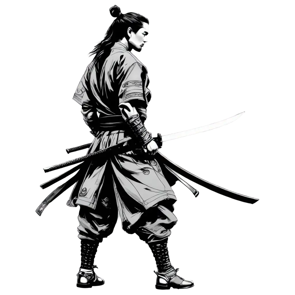 Stunning-Black-and-White-Samurai-PNG-A-FullLength-Sketch-Capturing-Traditional-Aesthetics