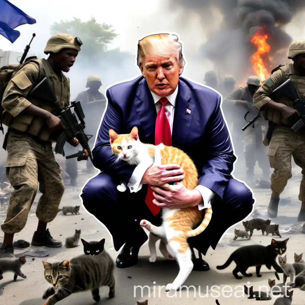 Donald Trump Rescuing Cats with a Ukraine War Footage Background