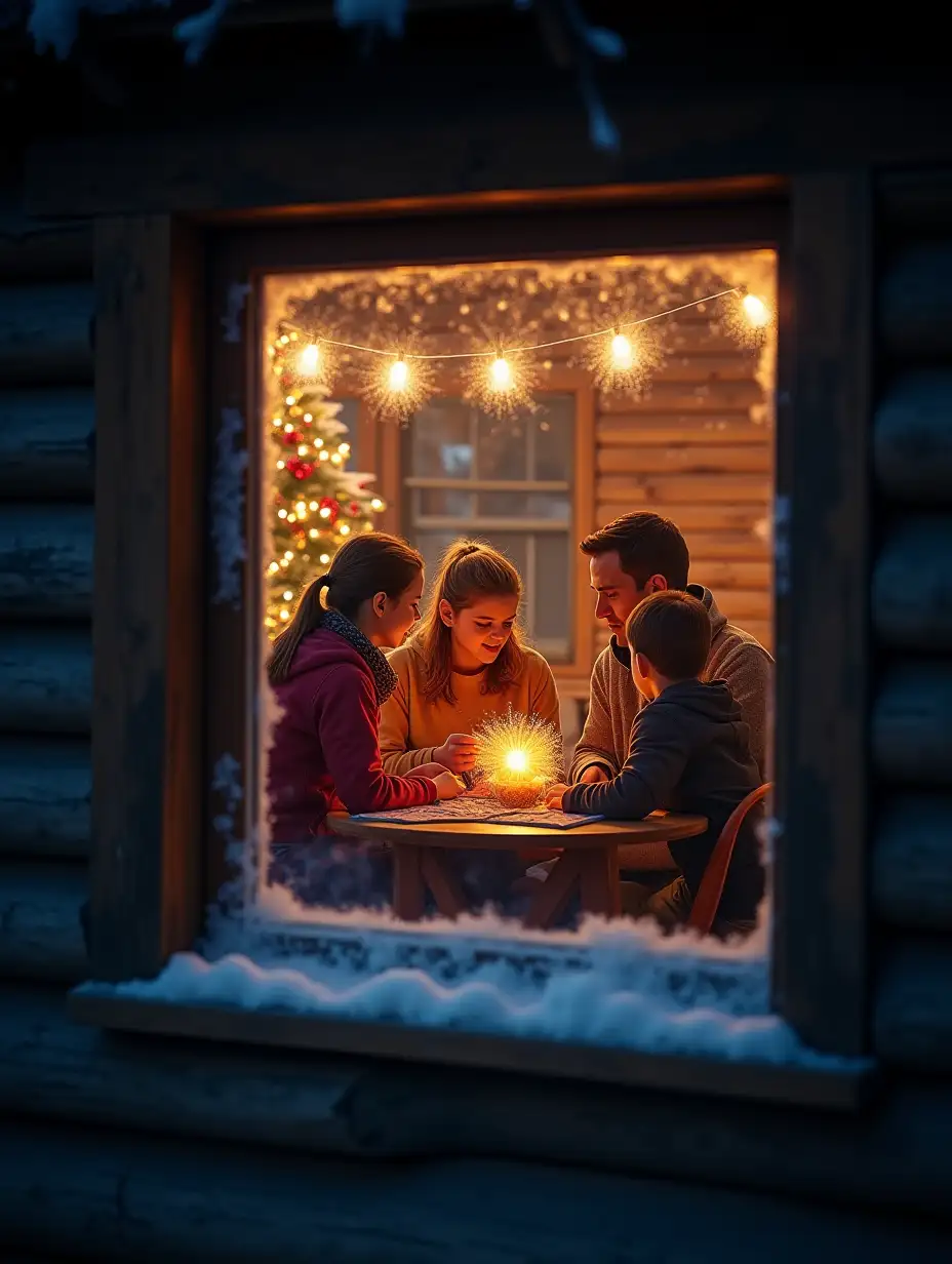 Family-Gathering-Around-Festive-Table-in-Rustic-Cabin-with-Christmas-Tree