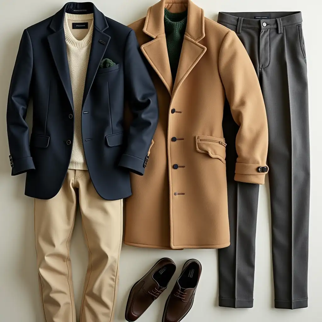 Old money men's fashion palette: Navy blazer, cream cashmere sweater, beige chinos, camel overcoat, forest green knit tie, charcoal wool trousers. Muted, earthy tones. Soft natural light. Classic tailoring, refined textures, timeless elegance, subtle sophistication.