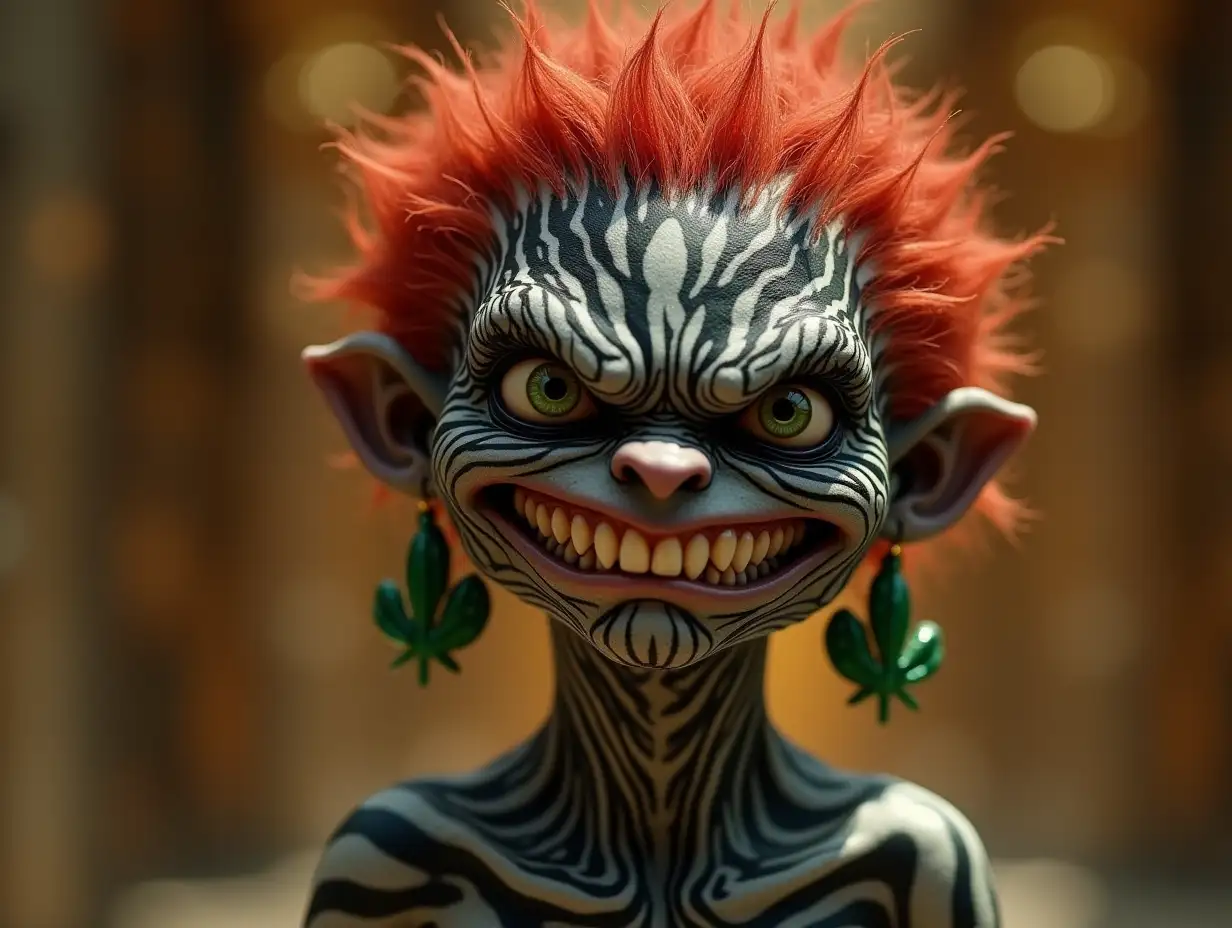 Young black and white patterned troll with young black-white patterned troll, alien face, long neck, sharp chin, with red hair, with a angry face, green cannabis leaf earrings emphasizing her anger, modern, in a temple of much gold, different shades 4k colorful