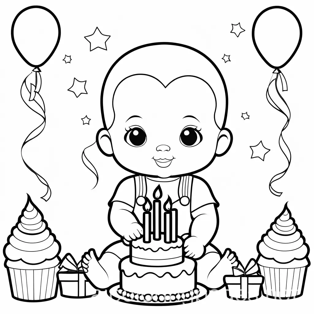 black baby 1 year old birthday party, Coloring Page, black and white, line art, white background, Simplicity, Ample White Space. The background of the coloring page is plain white to make it easy for young children to color within the lines. The outlines of all the subjects are easy to distinguish, making it simple for kids to color without too much difficulty