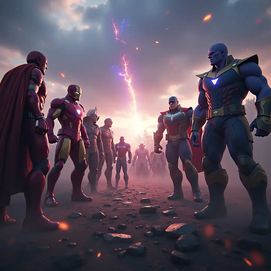 Create a 3D cinematic scene inspired by Marvel's Avengers: Endgame. On one side, the Avengers are assembled, poised for battle, showcasing iconic heroes like Iron Man, Captain America, Thor, and Hulk in dynamic, action-ready stances. On the opposite side, Thanos and his formidable army stand menacingly, including the Black Order and monstrous creatures. In the center, capture the intense moment of the clash—energy beams, sparks, and debris flying—conveying the power and chaos of the battle. The atmosphere should be epic and dramatic, with a dark, cloudy sky, glowing effects, and cinematic lighting enhancing the tension and scale of the scene.