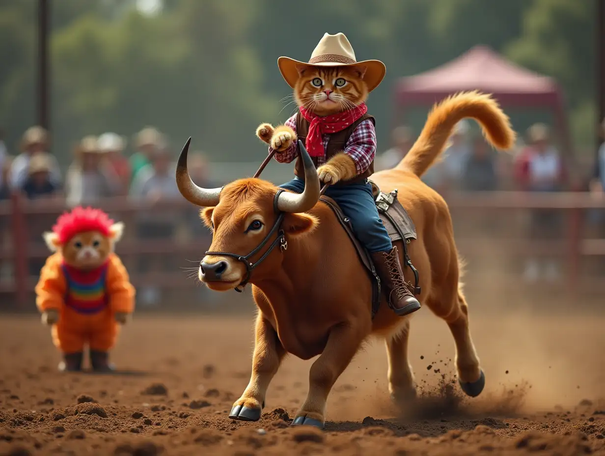 Orange-British-Shorthair-Cat-Rodeo-Cowboy-Riding-Bucking-Bull-with-Rodeo-Clown