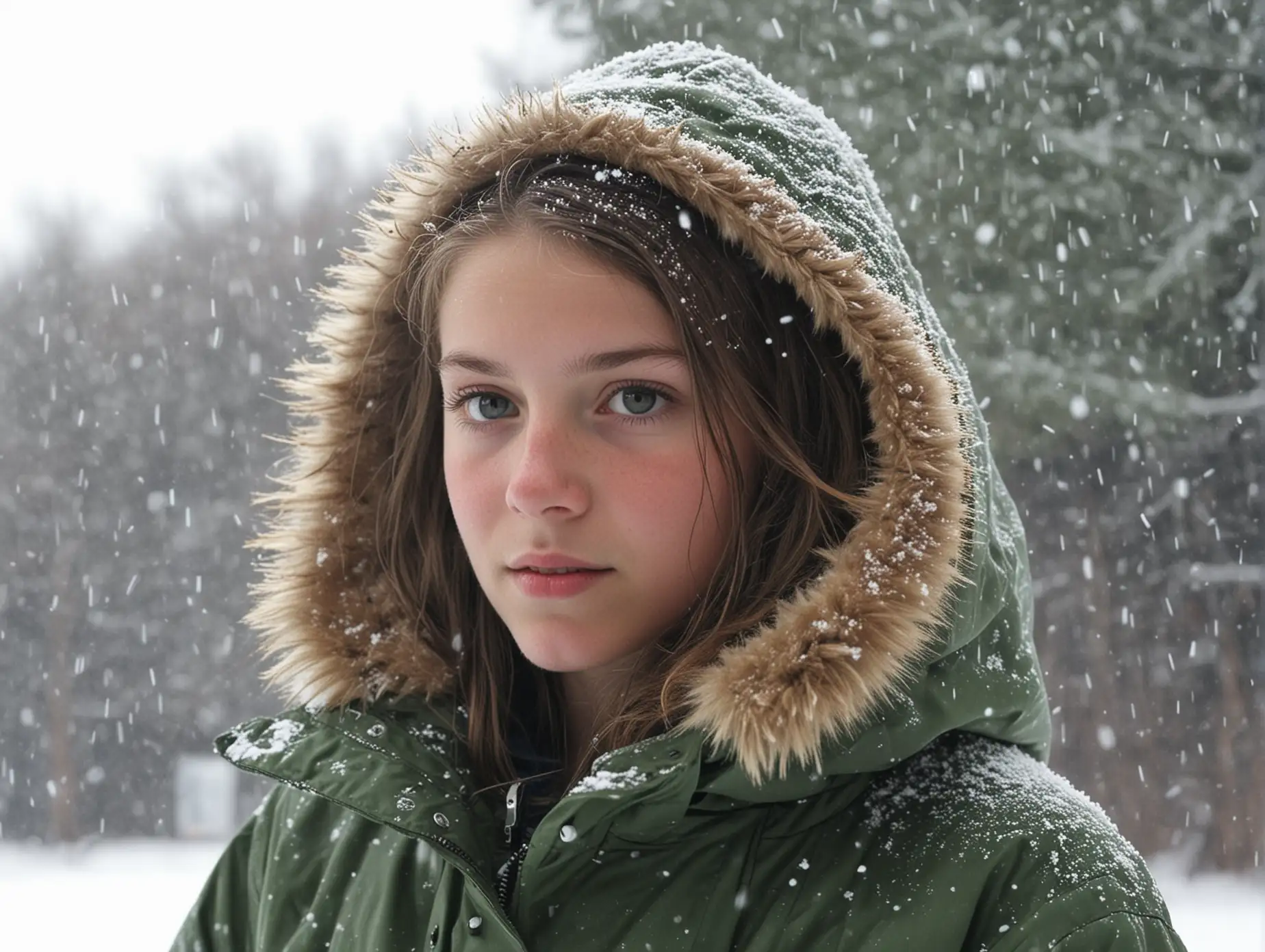 (6th grade Irish girl standing in snowstorm:1.25), (parka and snowsuit:1.1), (facing camera, beautiful profile:1.15), (taken with a Blackberry Pearl:1.05), (grainy image:1.03), (bright flash:1.05), solo, JPEG, quality: 65, subsampling ON (2x2), 2.67 MPixels, (over the shoulder angle:1.13), (skin texture:1.23), cheap lighting from single point flash, low res, bad shadow, low resolution, resolution, (13 year old girl:1.1),